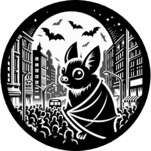 plays city sounds, fruit bat in front of street large crowd buildings flying bats full moon