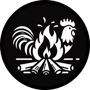 plays fire sounds, Gallic rooster behind camp fire